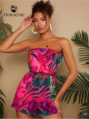SHEIN Tropical Strapless Floral Romper in Fuchsia and Green